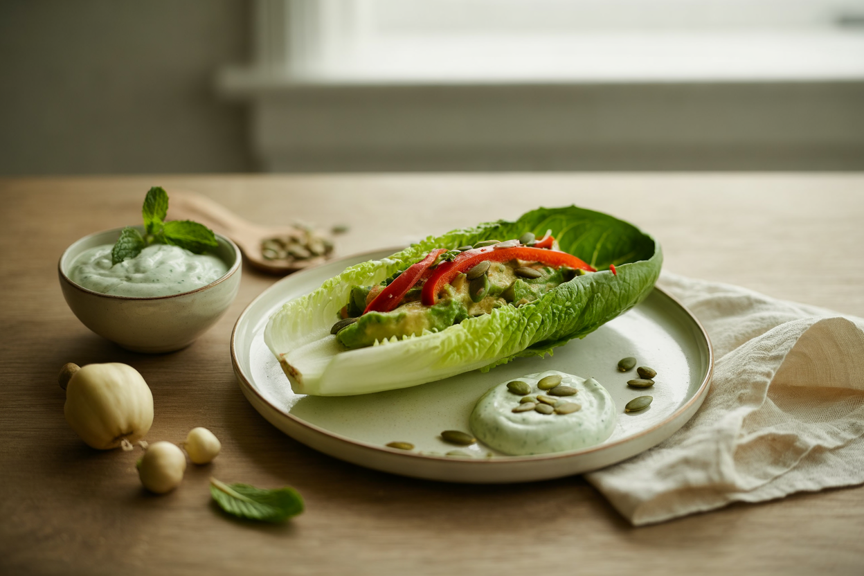 Mint cashew sour cream on romaine with avocado and red pepper