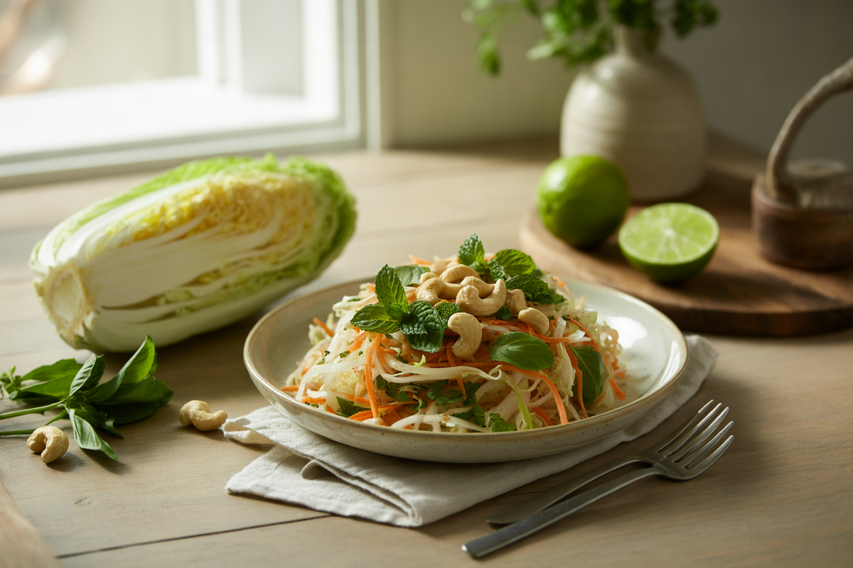 Minted Napa cabbage salad with carrots, herbs and cashews