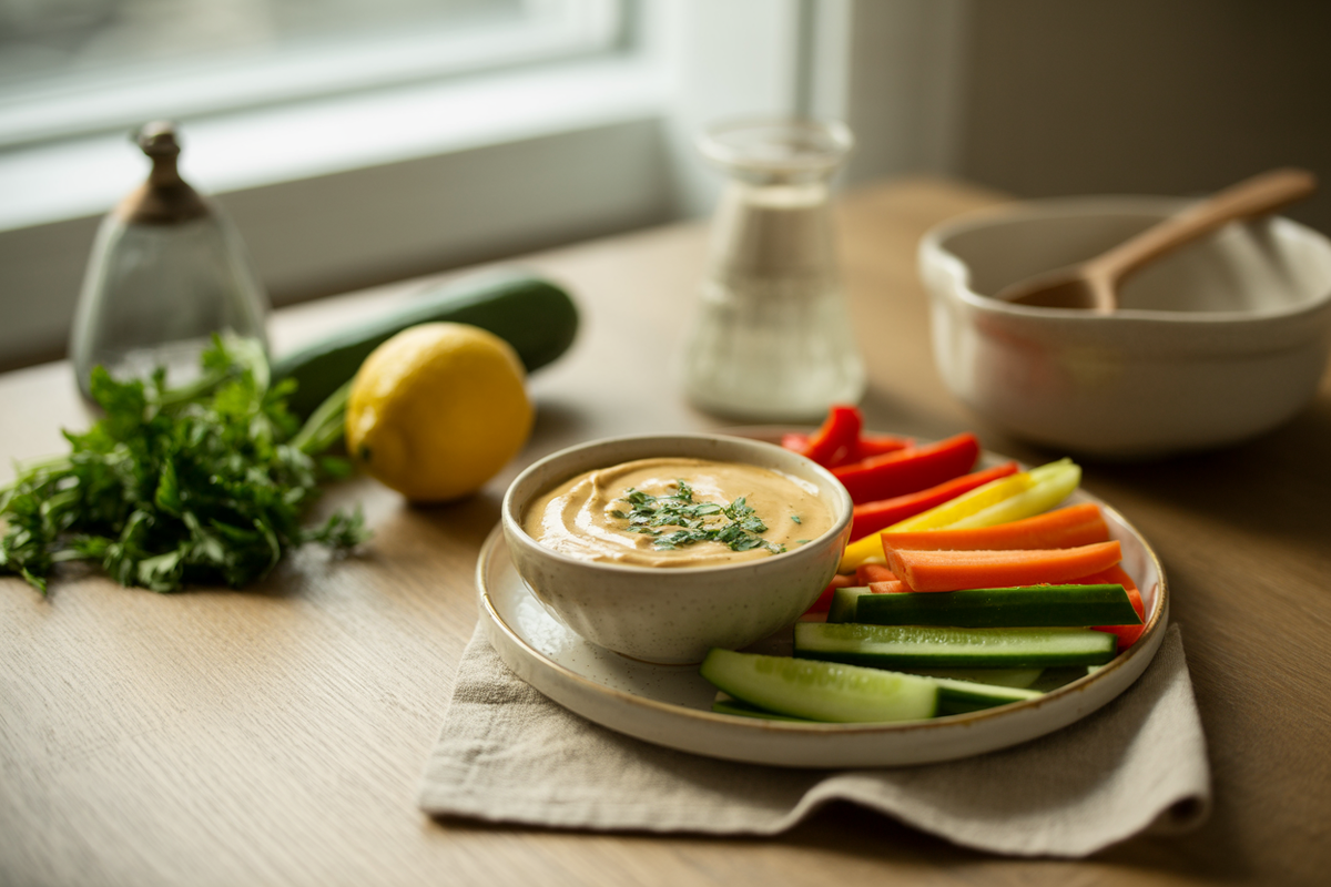 Miso tahini dip with parsley and raw vegetable sticks