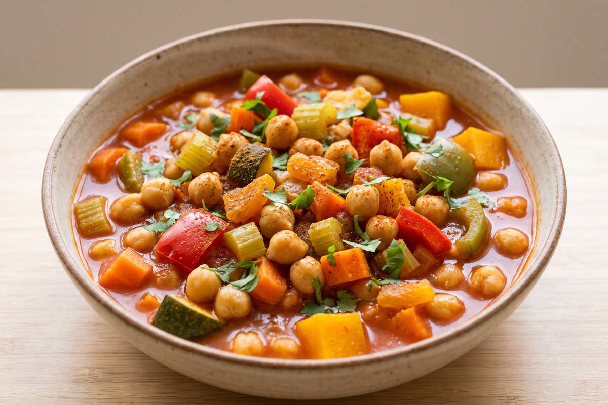 Moroccan chickpea stew with squash, zucchini, apricots and cilantro in a stoneware bowl