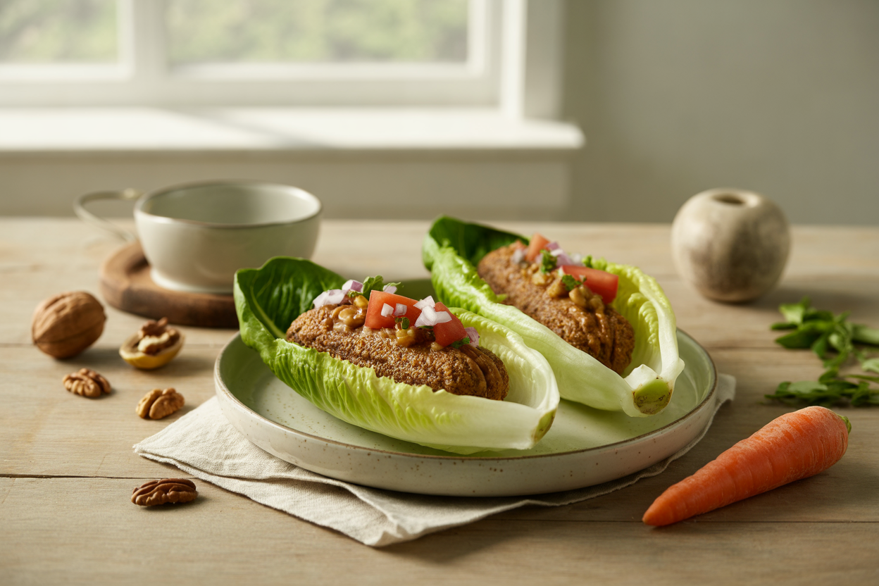 Pecan and walnut veggie dogs in lettuce boats