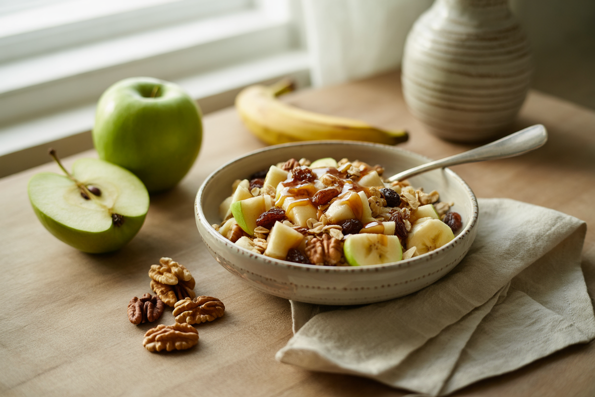 Raw apple, banana, nut and oat lunch bowl