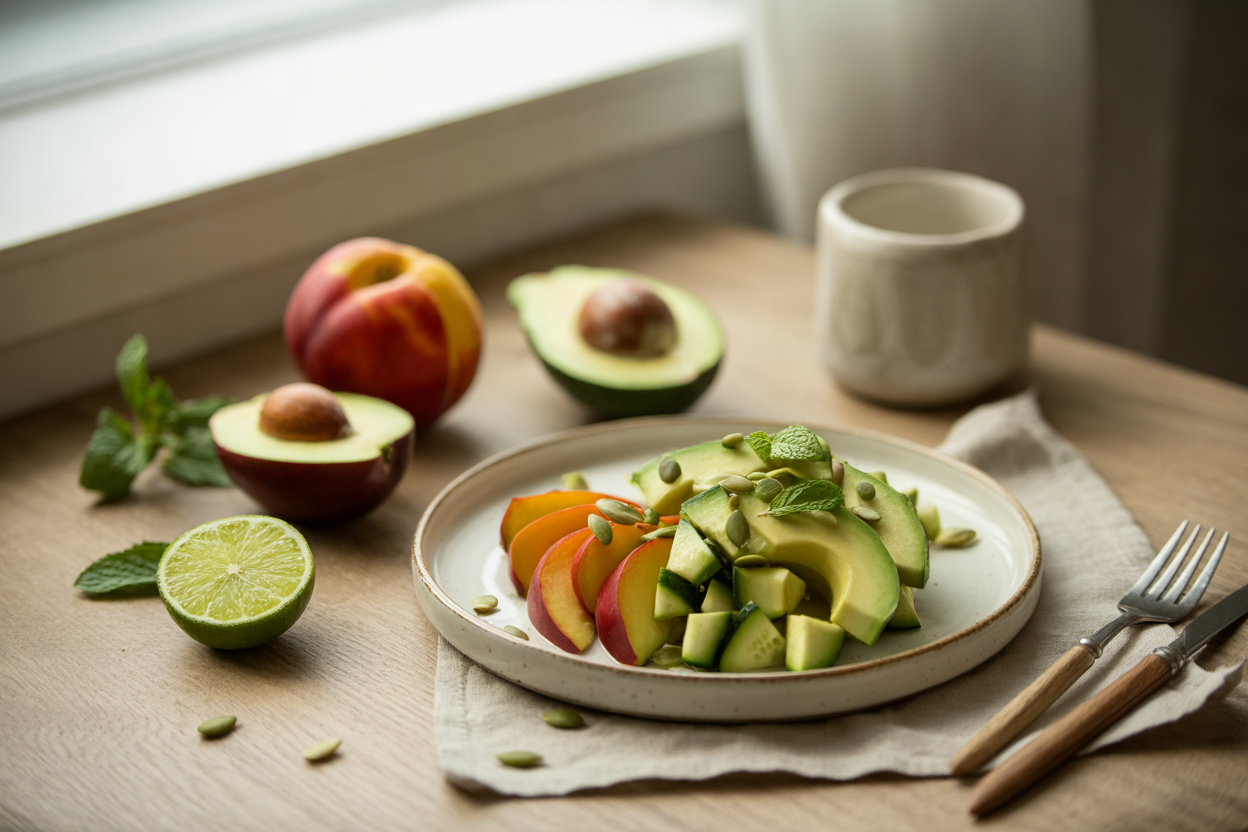 Nectarine and avocado salad with mint and pumpkin seeds
