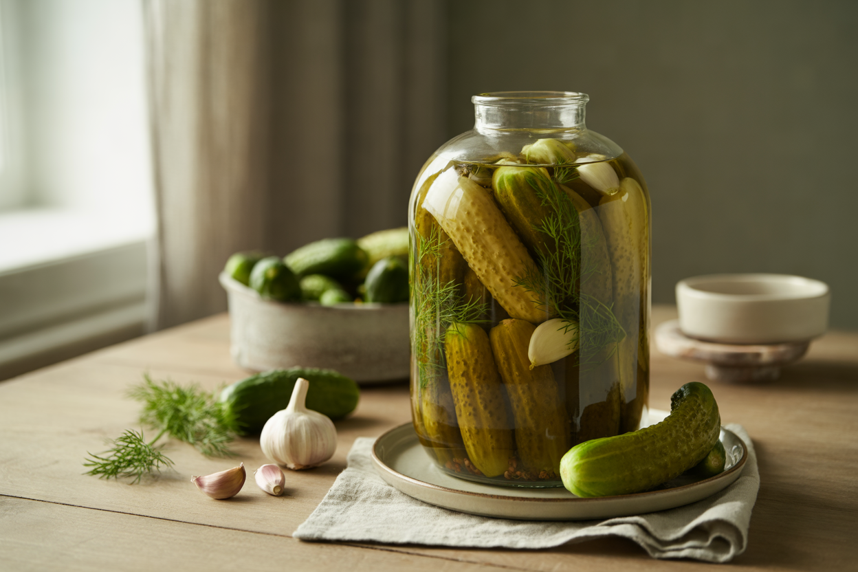 Old-world dill pickles in a jar with fresh dill