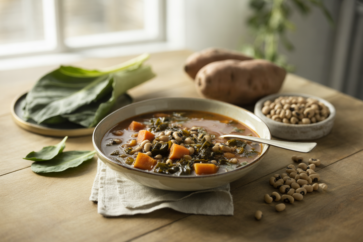 Black-eyed pea soup with sweet potatoes and collard greens