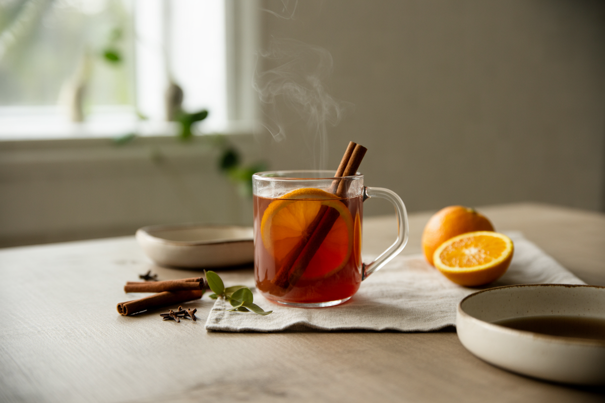 Warm alcohol-free hot toddy with cinnamon, cloves and orange
