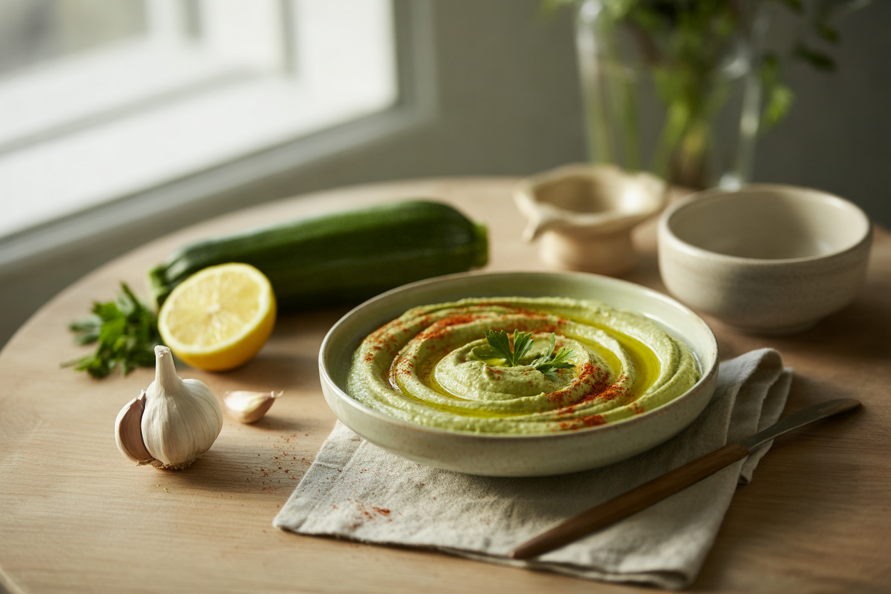 Raw no-bean zucchini hummus with tahini and paprika