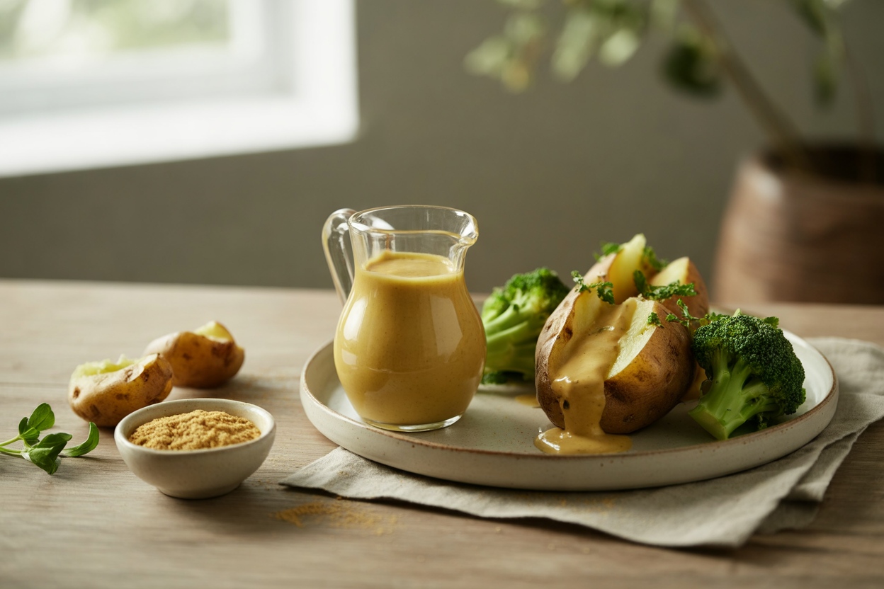 Dairy-free cheese sauce over a baked potato and steamed broccoli