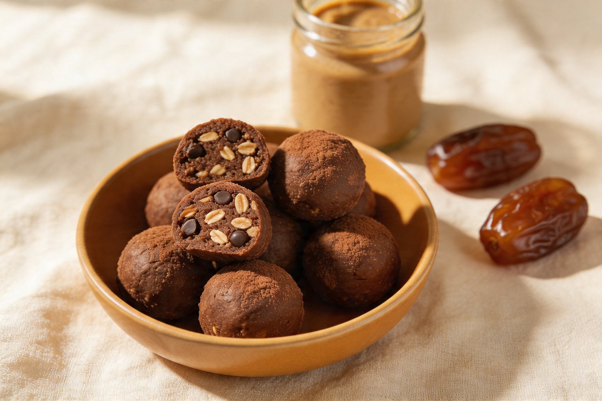 No-bake chocolate oat energy balls stacked on a small plate, one broken open to show the chewy date and oat center.