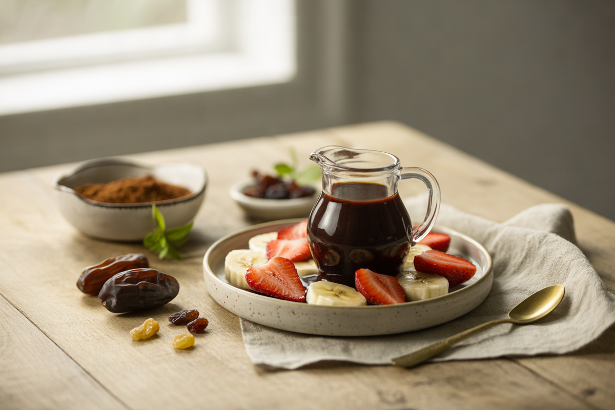 Carob sauce drizzled over strawberries and bananas
