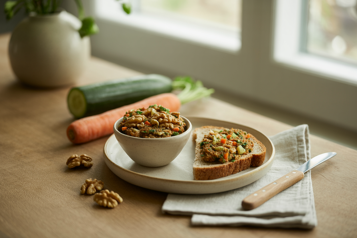 Nut and veggie sandwich spread of walnuts, carrot and cucumber on whole grain bread