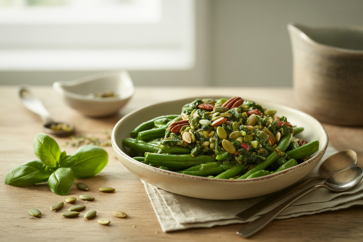 Nutty green vegetable topping of basil, spinach and seeds over green beans