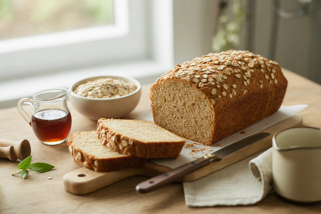 Oatmeal bread loaf topped with oats