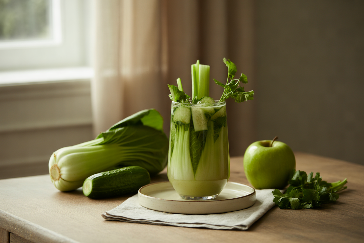 Bok choy green juice with cucumber, celery, apple and herbs