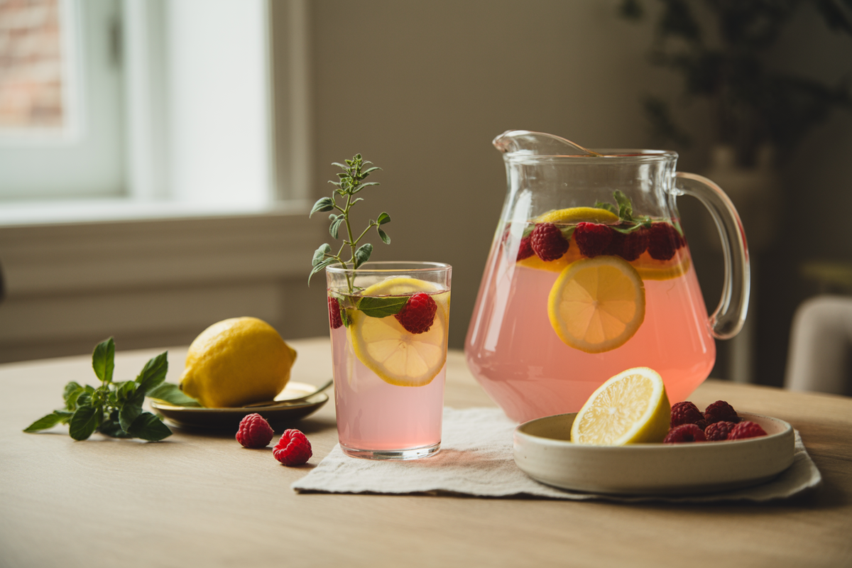 Oregano raspberry lemonade with lemon slices, raspberries and fresh oregano