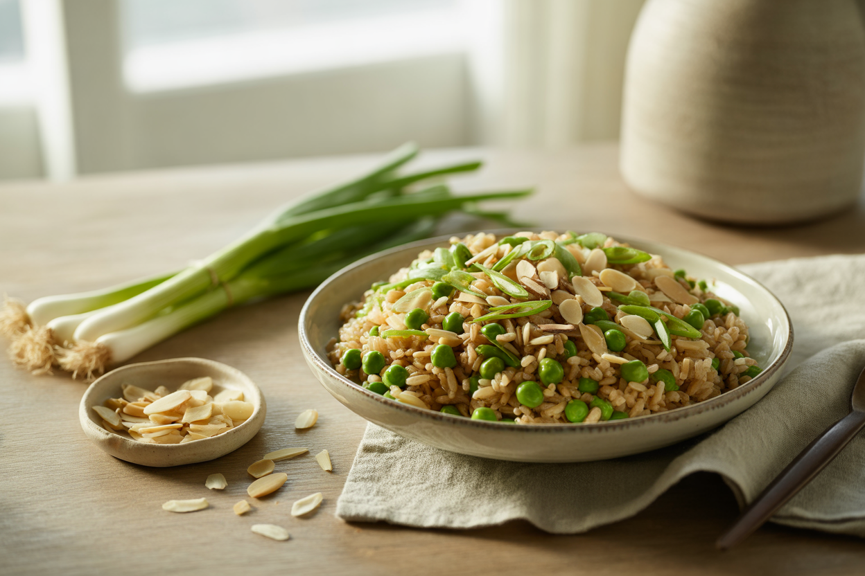 Brown rice with green peas, green onions and slivered almonds
