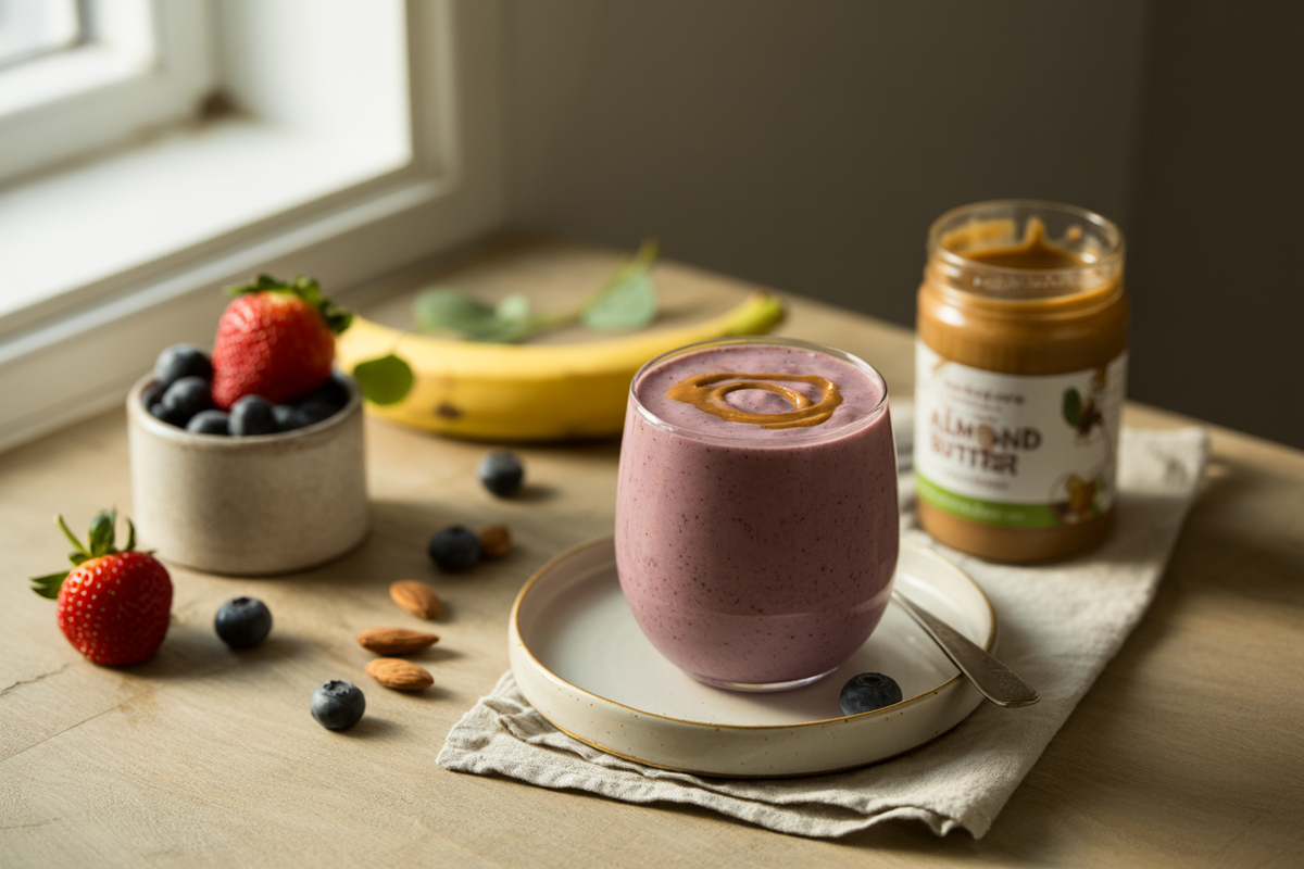 PB and J smoothie with strawberries, blueberries and almond butter