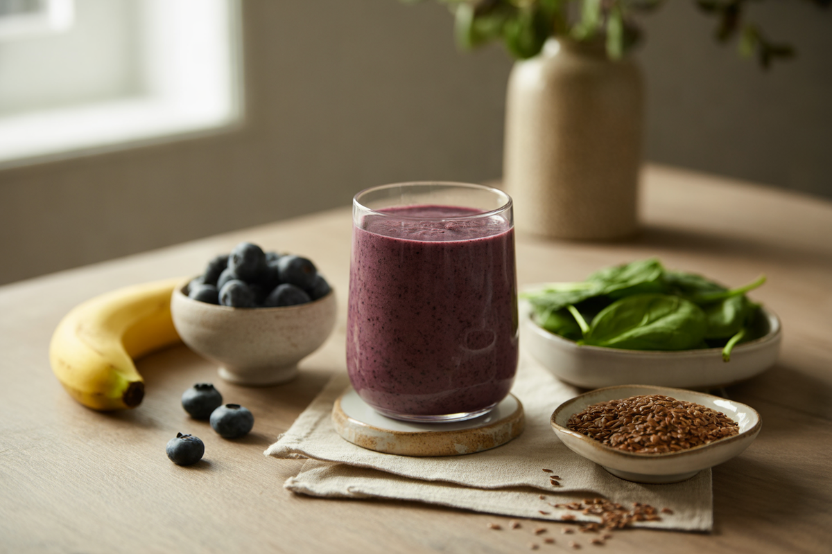 Blueberry banana spinach smoothie with flaxseed
