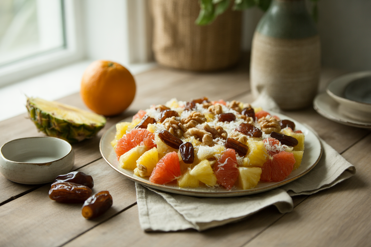 Paradise fruit with orange, grapefruit, pineapple, dates and coconut