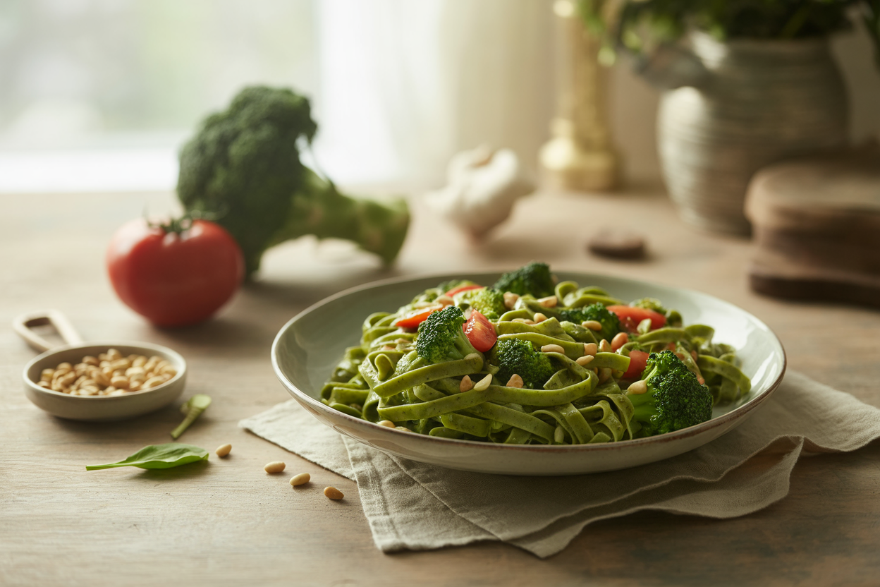 Spinach pasta with broccoli, tomatoes and pine nuts