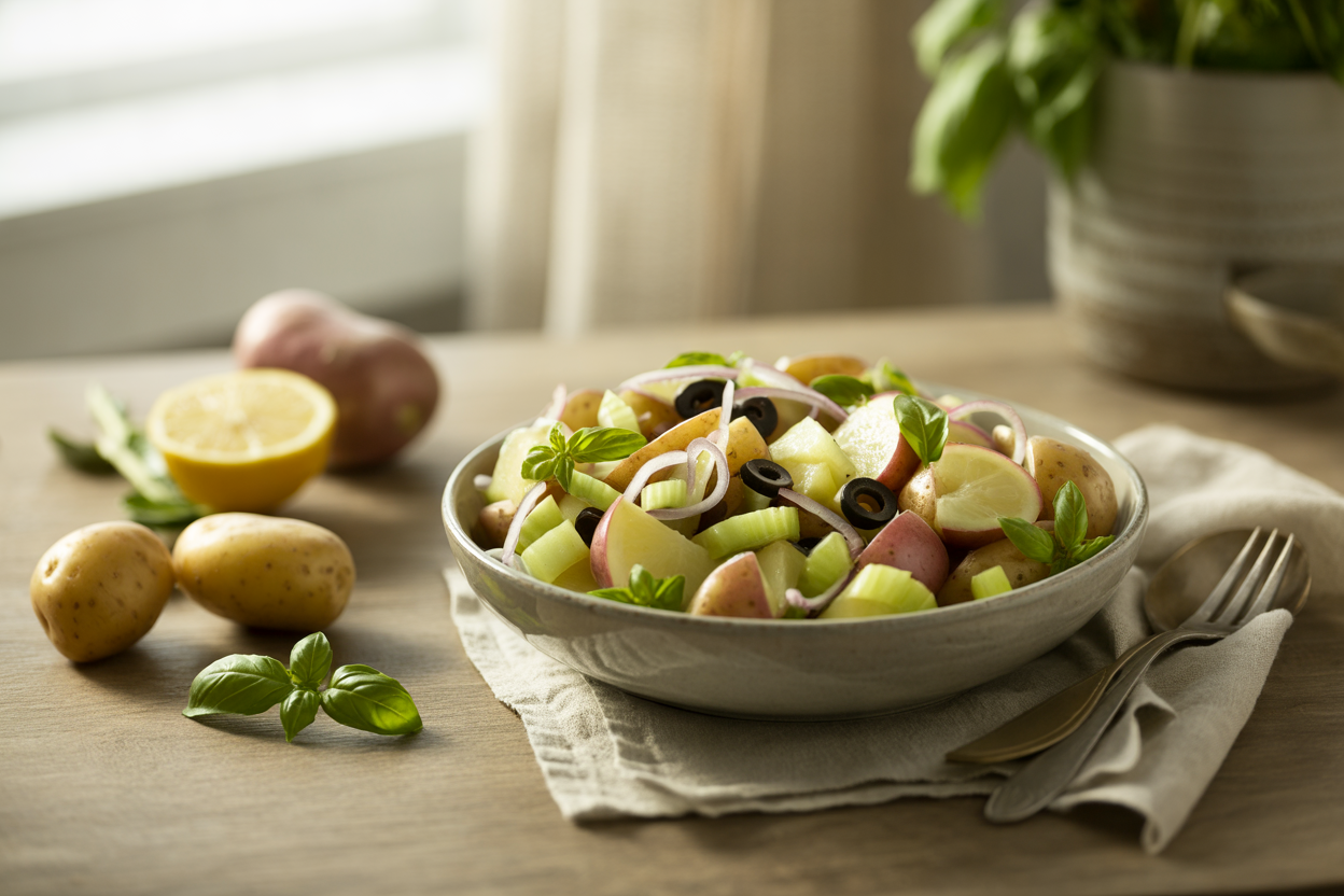 No-mayo potato salad with olives, celery, onion and basil