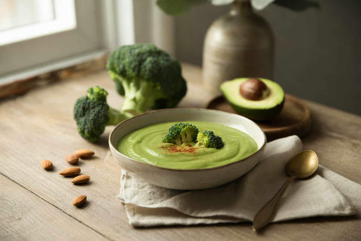 Raw broccoli soup with avocado and almonds