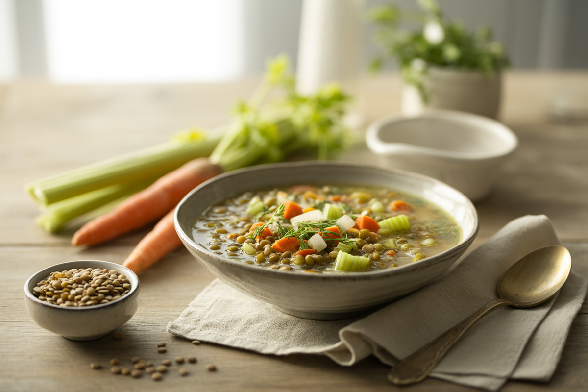 Lentil and brown rice soup with carrots and celery in a white bowl