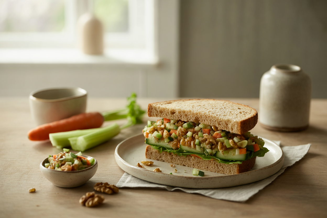 Raw veggie and nut sandwich filling on whole grain bread