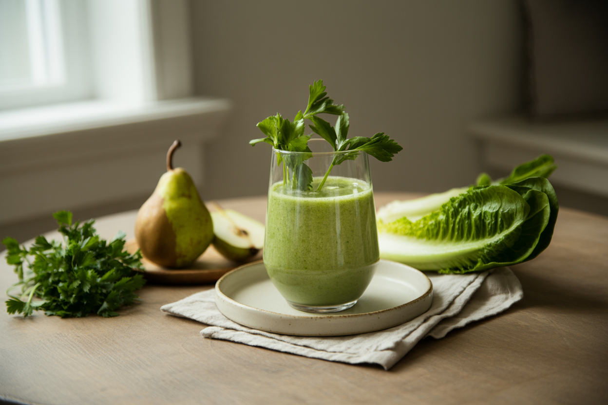 Pear-parsley green smoothie with romaine and spinach