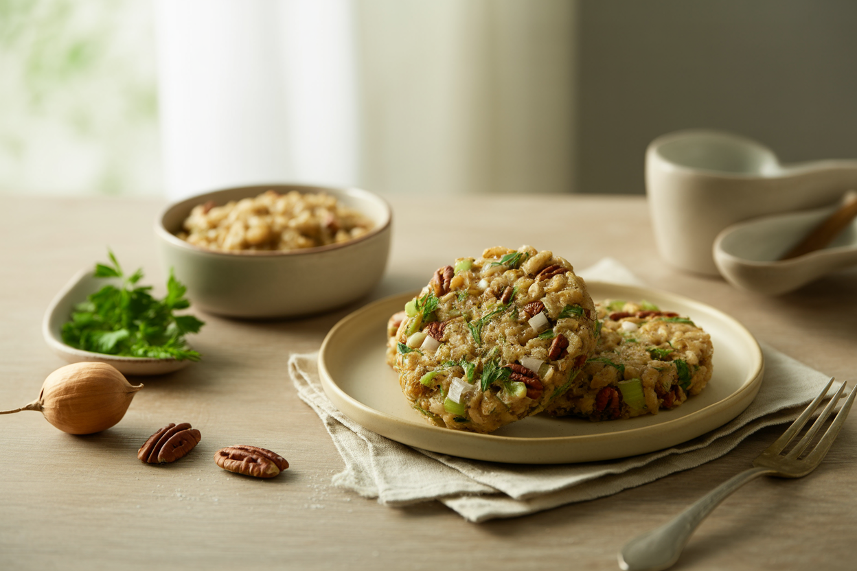 Baked pecan and brown rice patties with celery and parsley