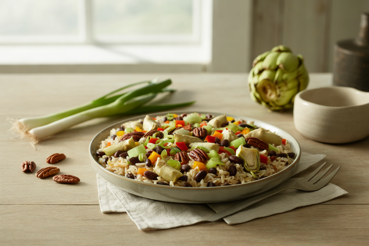 Pecan rice with black beans, artichokes and peppers