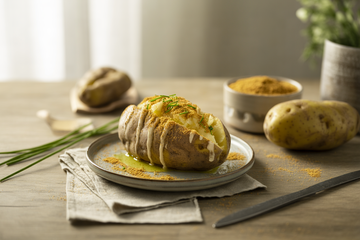 Baked potato topped with olive oil and nutritional yeast