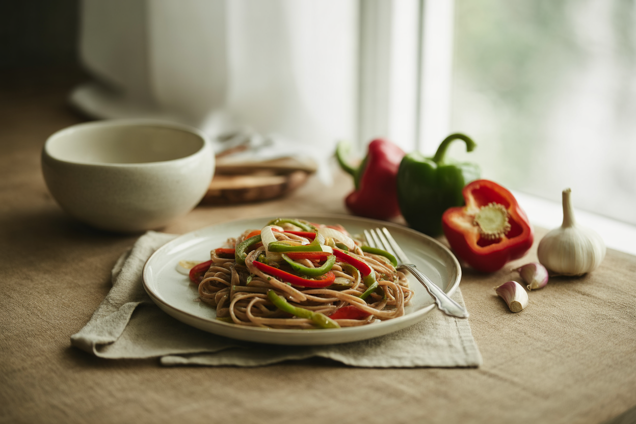 Whole wheat pasta with sauteed peppers