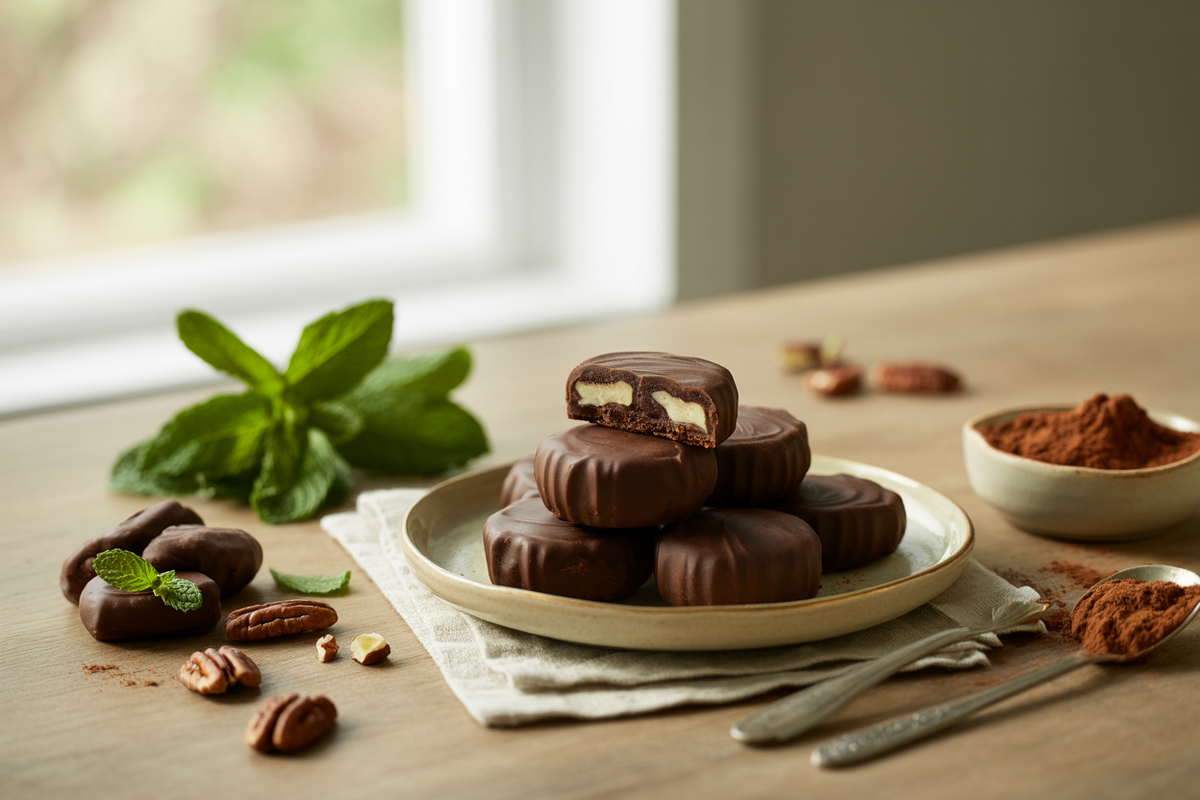 Peppermint patties made with pecans, dates, mint and carob