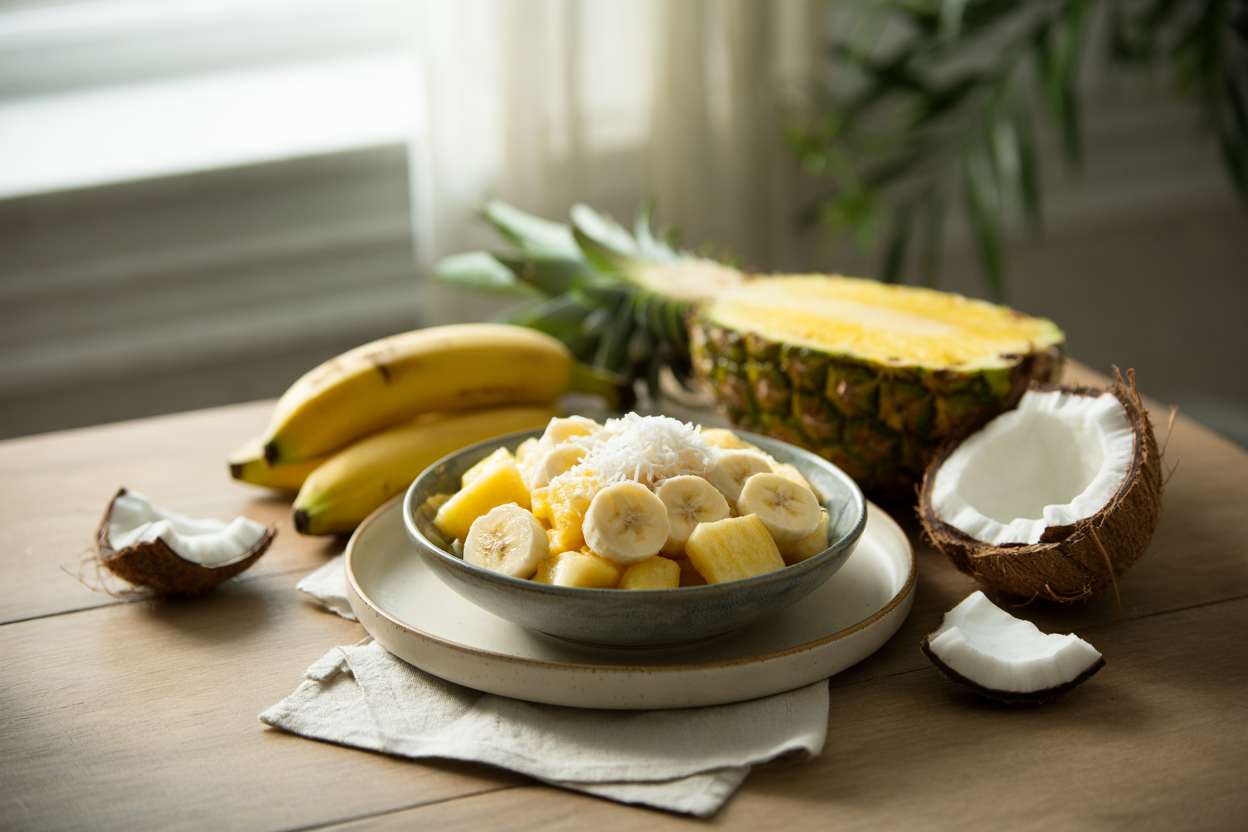 Pina colada fruit salad with pineapple, banana and coconut