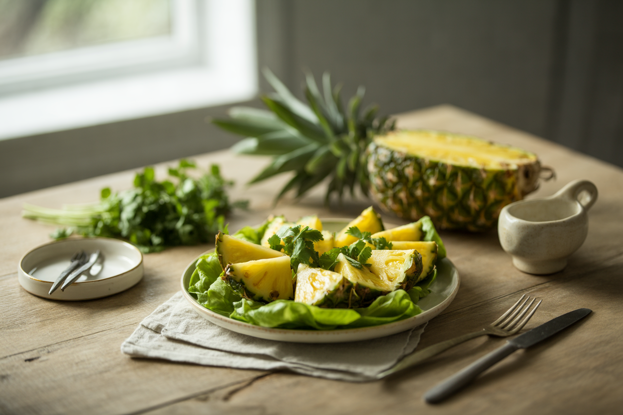 Pineapple delight with cilantro on lettuce