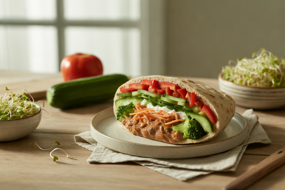 Pita pocket salad stuffed with fresh vegetables, sprouts and beans