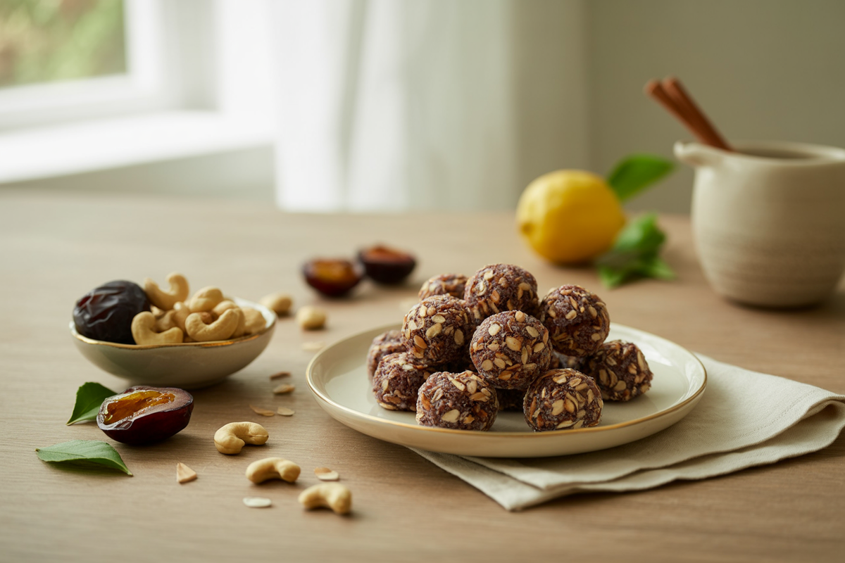 Plum drops made from dried plums, cashews and flax seeds