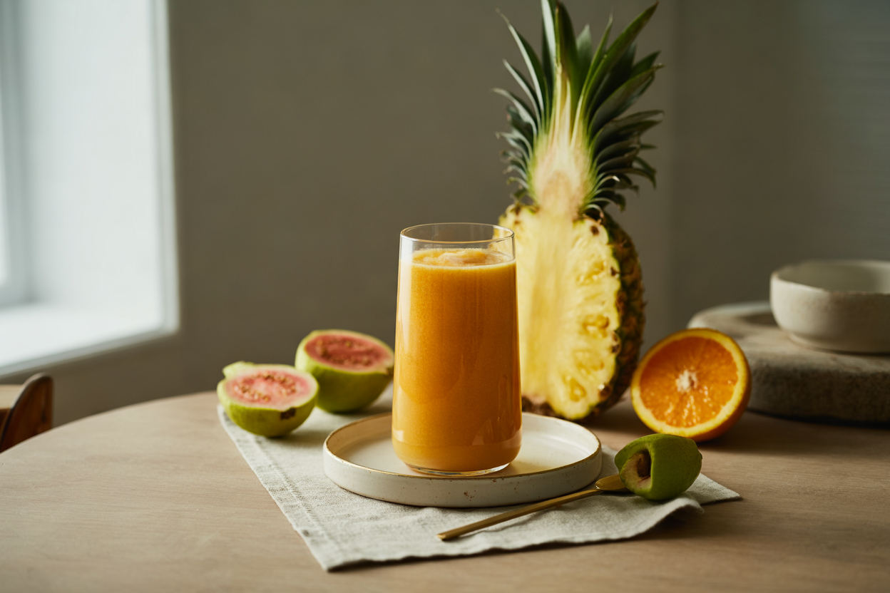 Tropical pineapple, orange and guava smoothie