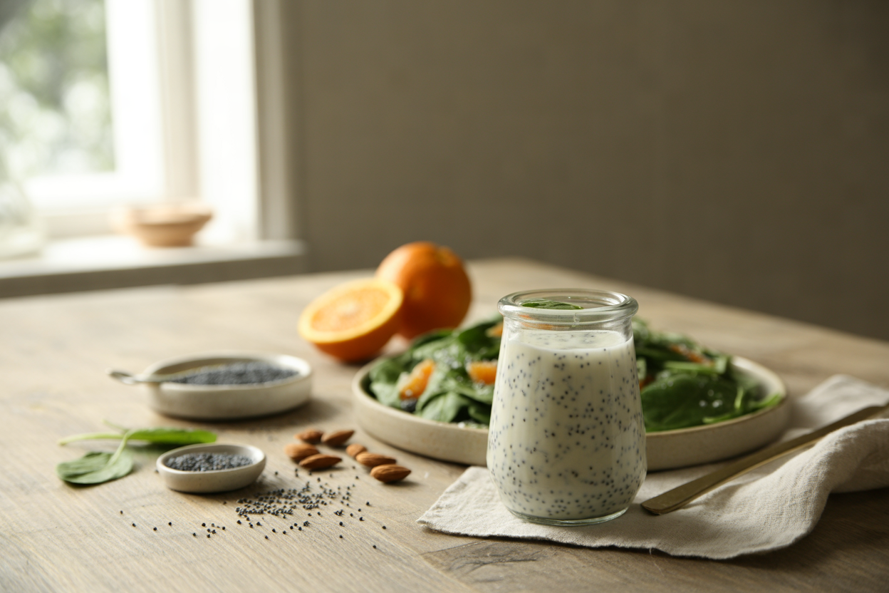 Poppy seed dressing with spinach salad