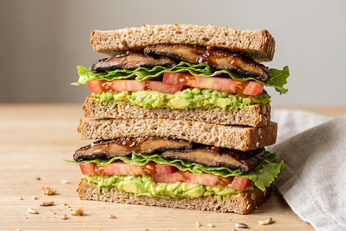 Portobello mushroom BLT sandwich with lettuce and tomato on whole grain bread