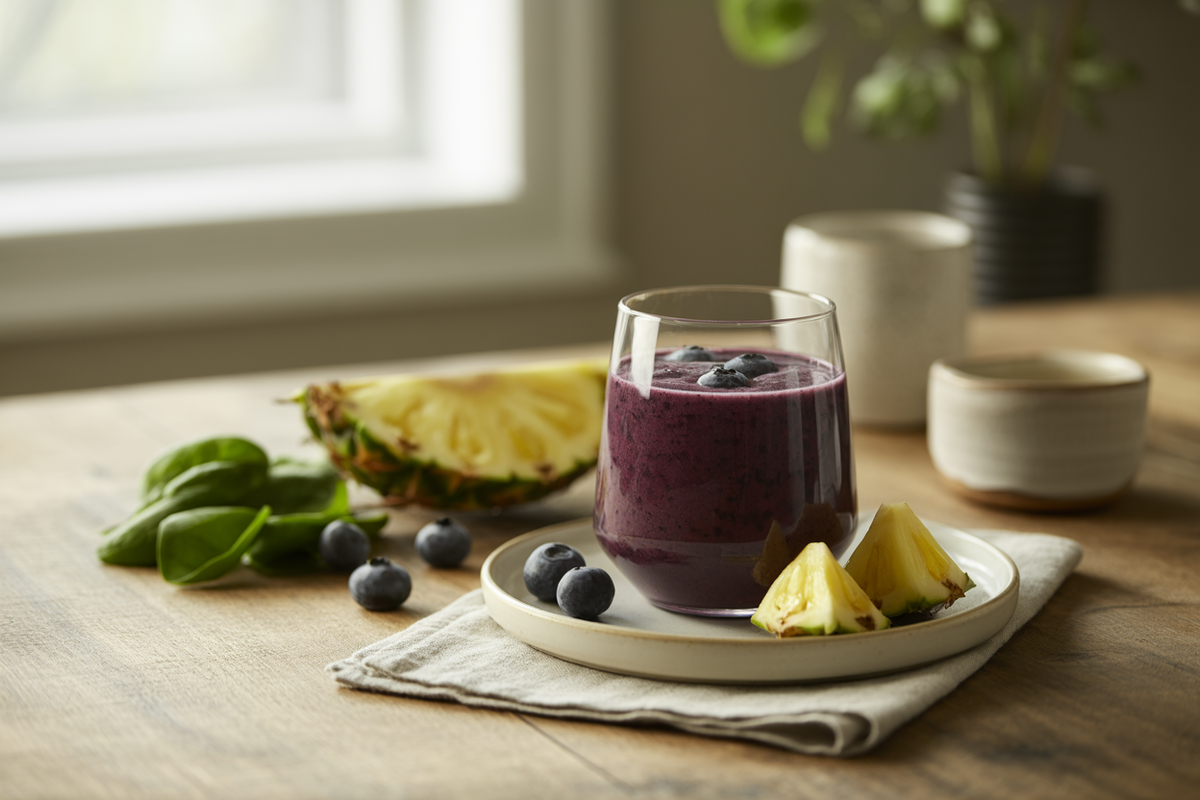 Protein smoothie with blueberries, pineapple, banana and spinach