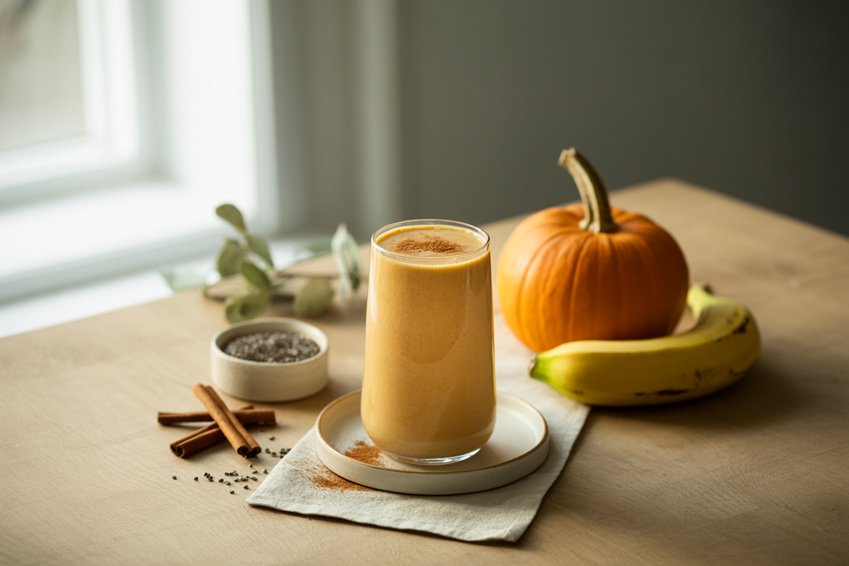 Pumpkin pie smoothie dusted with cinnamon, with a small pumpkin and banana