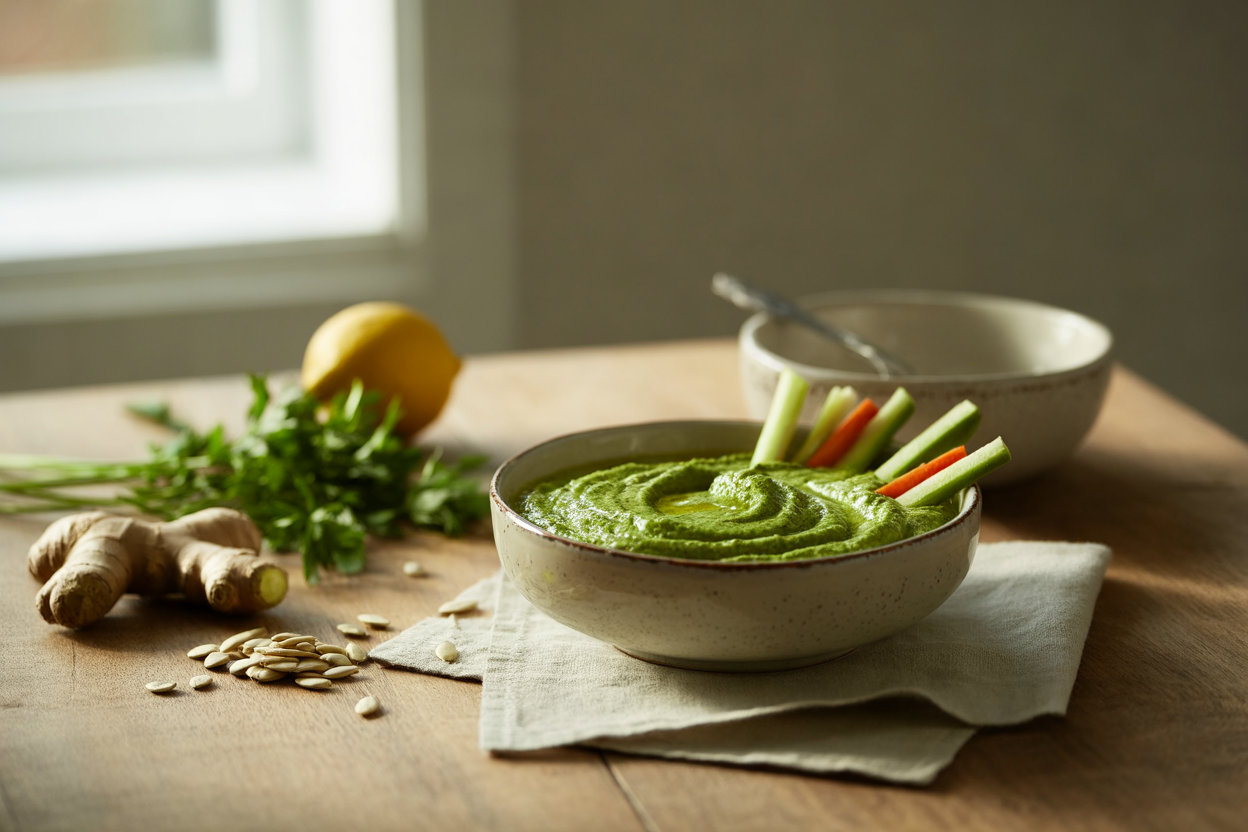 Pumpkin seed parsley dip with vegetable sticks