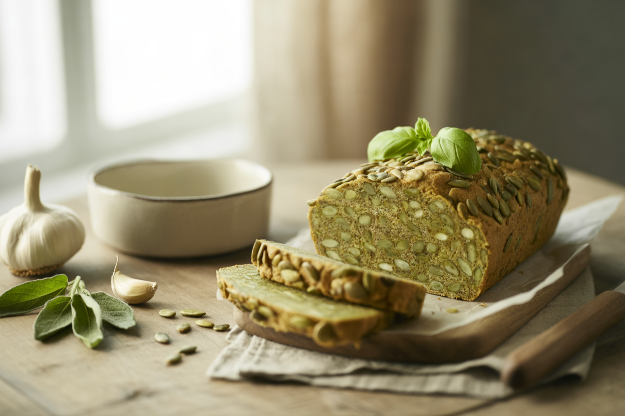 Raw pumpkin seed loaf with fresh herbs