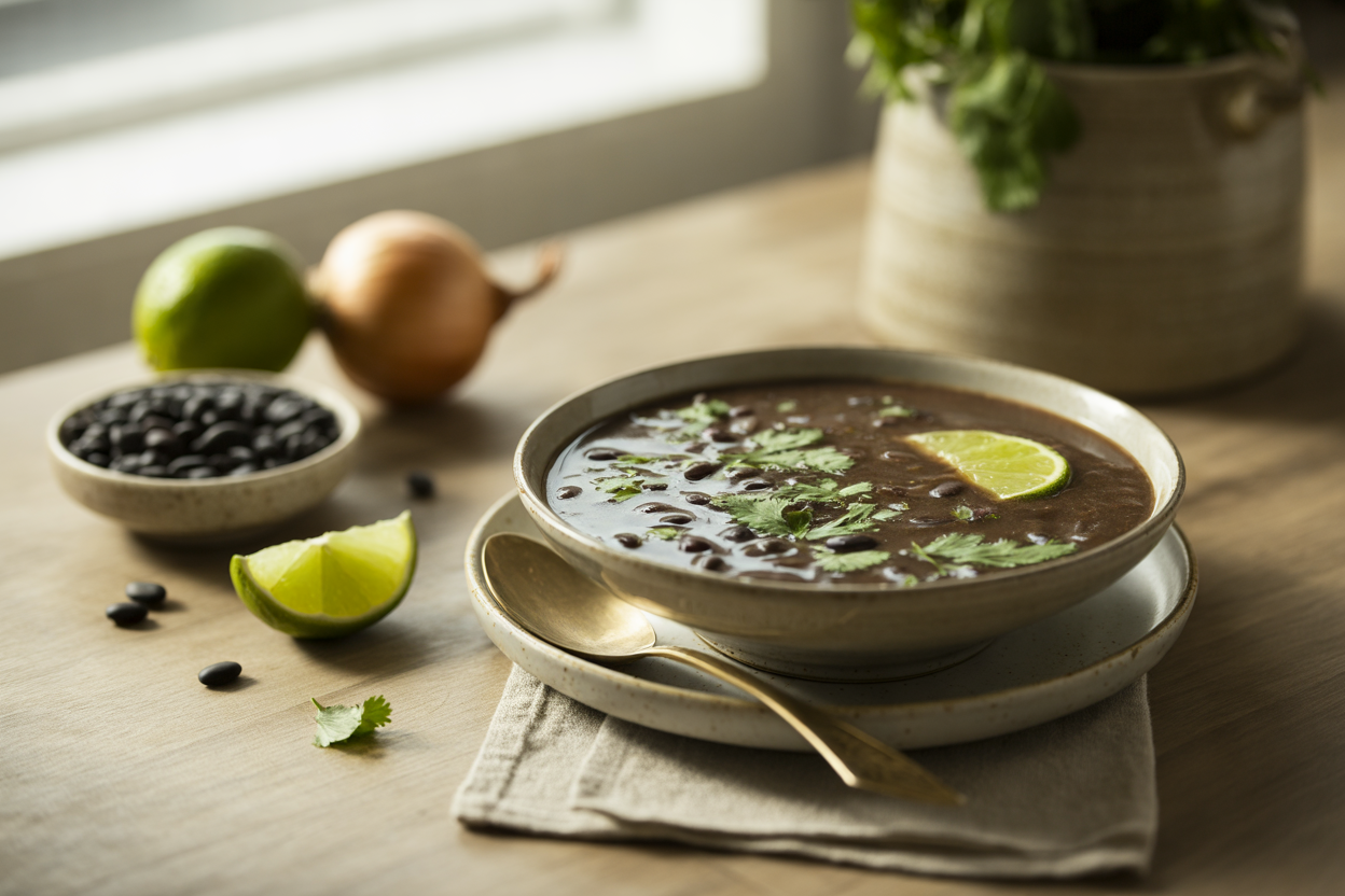 Quick and easy black bean soup with cilantro and lime