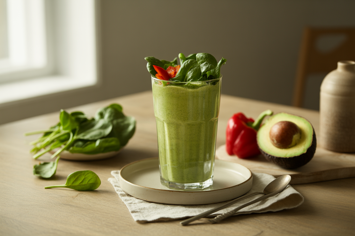 Glass of green blended salad made with leafy greens, avocado and red bell pepper