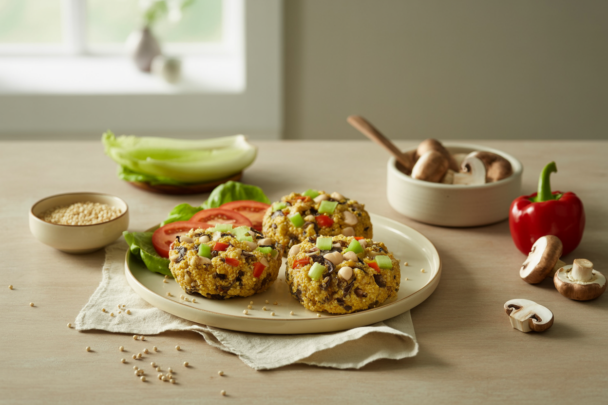 Quinoa and white bean veggie burgers with mushrooms and red pepper