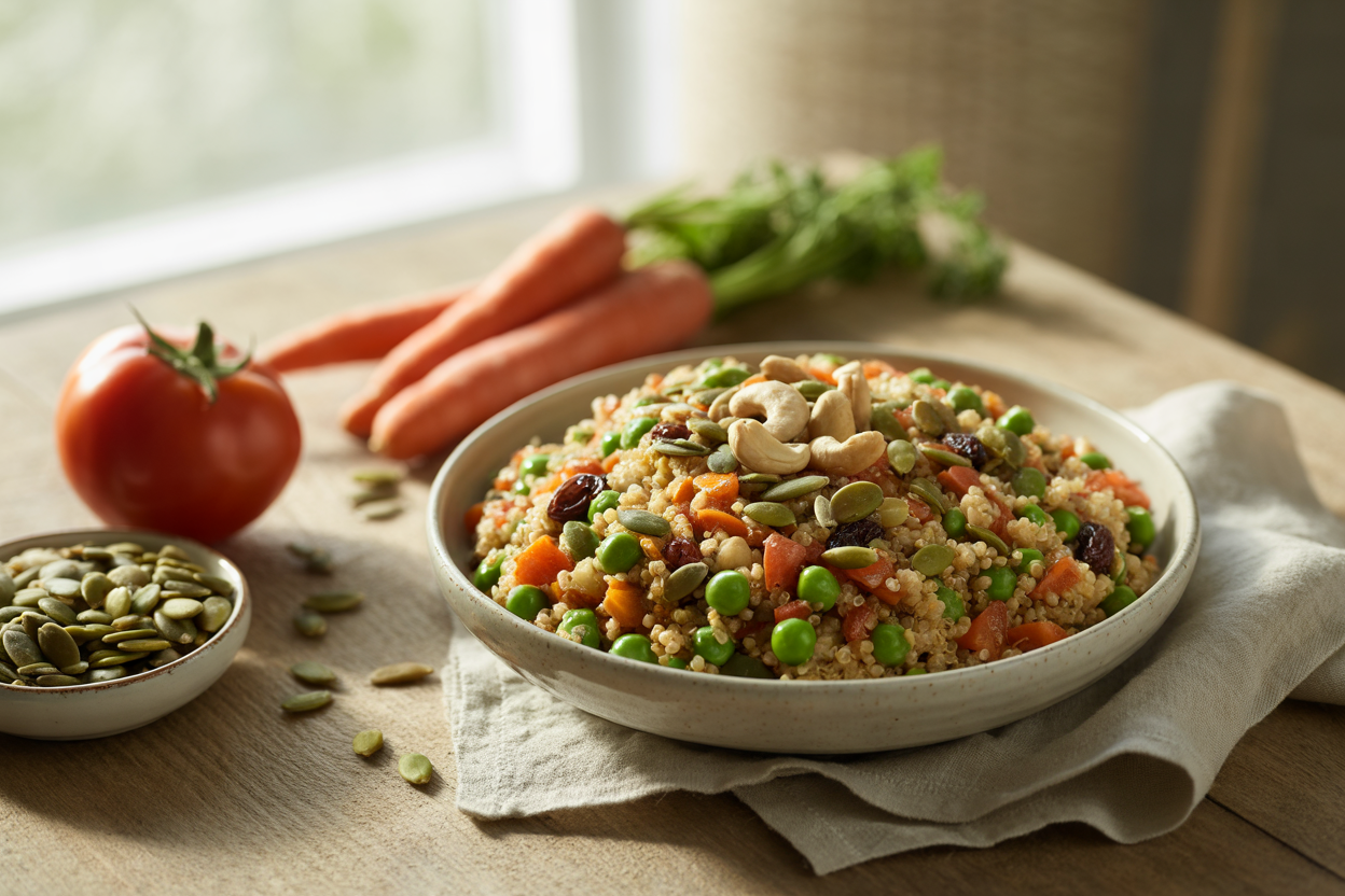 Quinoa salad with peas, carrots, tomatoes, olives, raisins and seeds