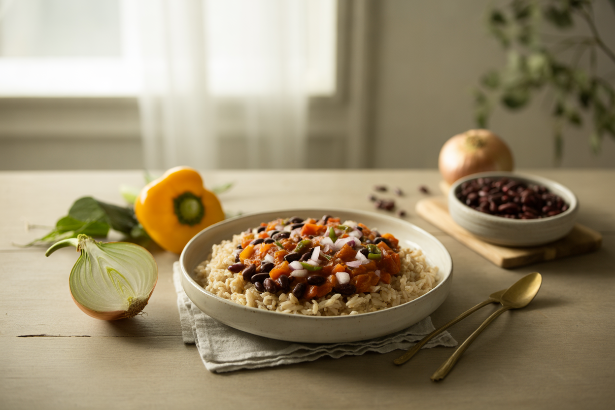 Brown rice and red beans with tomatoes and peppers